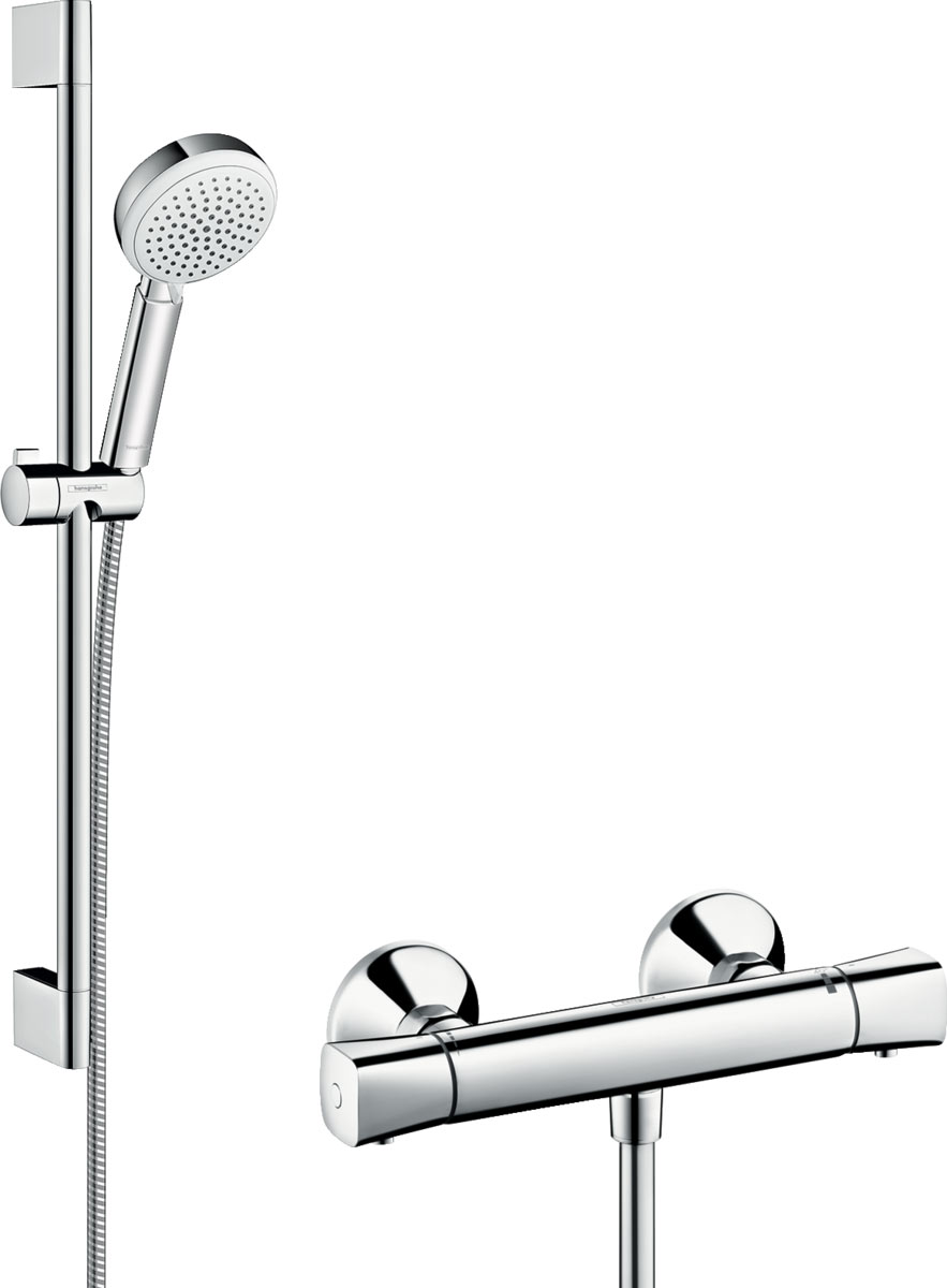 Hansgrohe Crometta 100 Falsíkon kívüli zuhanyrendszer Vario 65 cm-es zuhanyrúddal és Ecostat universal termosztáttal 